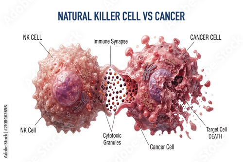 3d medical illustration of an immune system response showing a natural killer cell attacking a tumor cell through cytotoxic granules