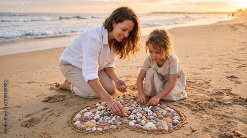 Mother daughter arranging seashells pattern on beach sand