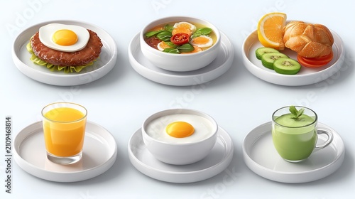 Minimalist food arrangement; burger, soup, orange, juice, porridge, matcha drink, served on white plates
