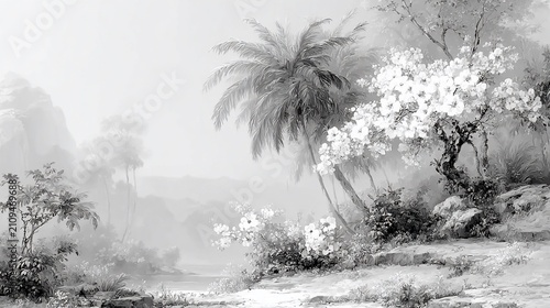 Monochrome landscape with palm trees and flowers, exuding serenity and timeless beauty in nature