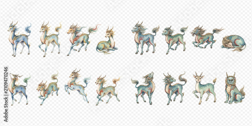 Photos Set of mythical creatures in various poses, hand-drawn watercolor illustration with fantasy animals