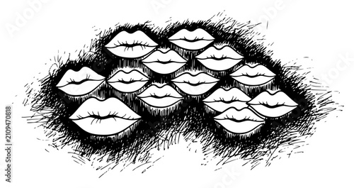 Quadro su tela Surreal cluster of human lips whispering in the dark sketch hand drawn gossip an