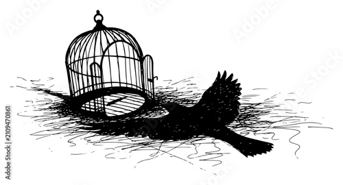 Картината върху платно Bird escaping from open cage into freedom sketch hand drawn liberty and mental h