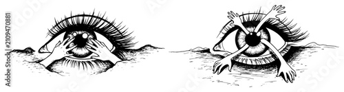 Fotografie Surreal eyes emerging from ground with human hands reaching from pupils sketch h