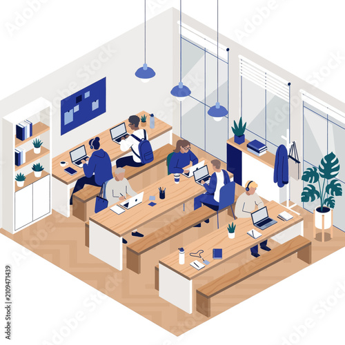 Diverse group of young professionals working on laptops at long wooden communal tables in a modern coworking space or open plan office with bright indoor lighting and plants