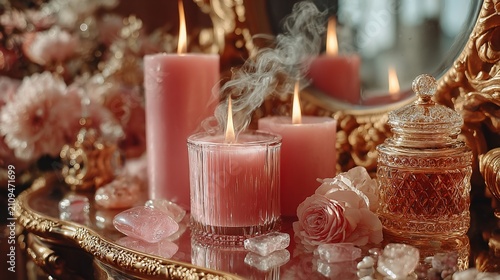 Ornate golden table with pink candles, flowers, rose quartz, and an antique perfume bottle