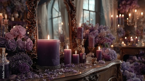 Ornate mantelpiece with purple candles, flowers, and vintage mirror, bathed in soft, ethereal light