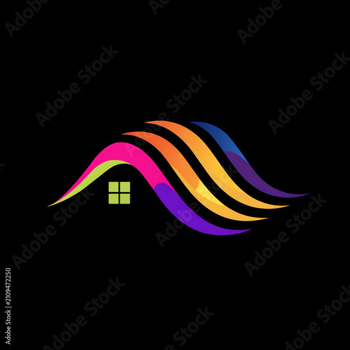 White unique house silhouette with vibrant rainbow brushstroke arch on solid black background, modern vector logo.