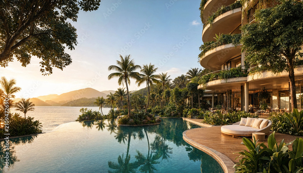 Fototapeta premium Tropical resort infinity pool and modern hotel architecture with palm trees at golden hour infinity tropical vacation paradise landscape architecture sunshine wellness destination