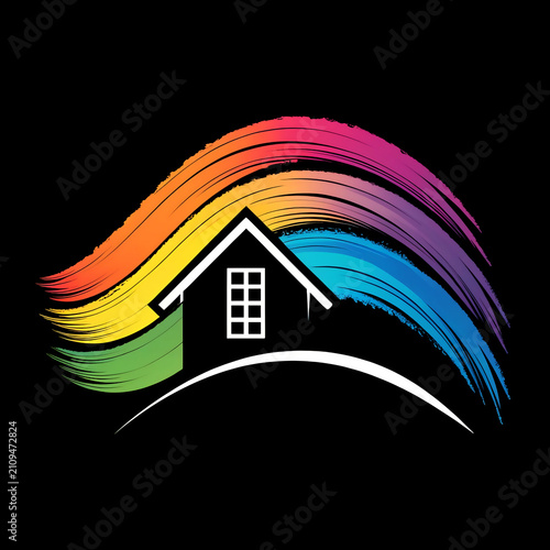 White unique house silhouette with vibrant rainbow brushstroke arch on solid black background, modern vector logo.