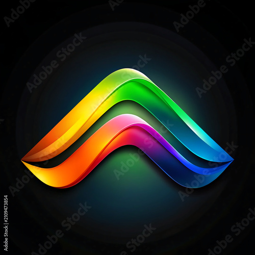 White unique house silhouette with vibrant rainbow brushstroke arch on solid black background, modern vector 3d logo.
