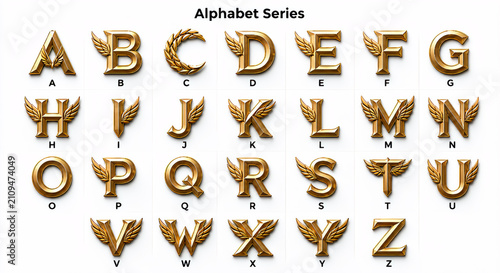 Elegant golden alphabet featuring metallic finishes, angelic wings, luxurious detailing, classic serif styling, symmetrical composition, premium craftsmanship, and timeless sophistication