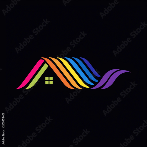 White unique house silhouette with vibrant rainbow brushstroke arch on solid black background, modern vector logo.