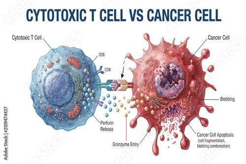 Medical illustration explaining the immune response showing a cytotoxic T cell attacking and destroying a cancer cell through apoptosis and perforin release