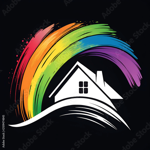 White unique house silhouette with vibrant rainbow brushstroke arch on solid black background, modern vector logo.