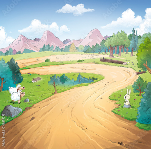 Children's illustration of a dirt road in nature with mountains in the backgroundChildren's illustration of a dirt road in nature with mountains in the background