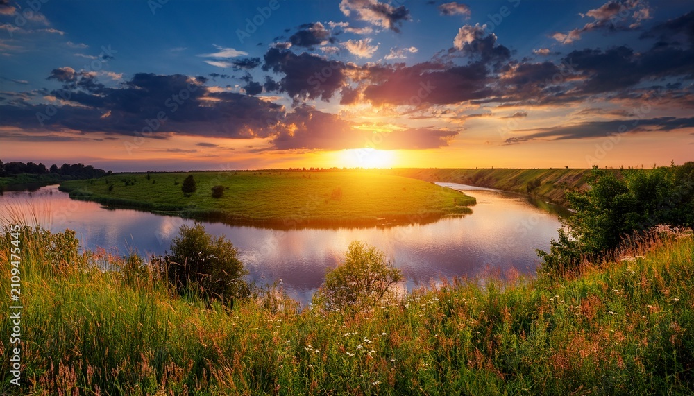 Naklejka premium Fantastic Sunset Evening Sun Over River Colorful Sky Majestic Summer Landscape Dramatic Picturesque Summer Scene Beauty In The World