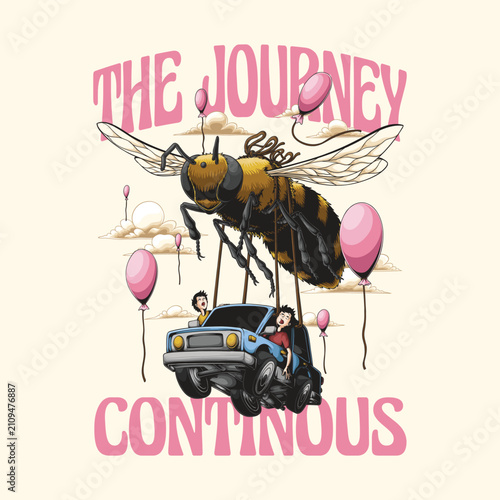 Surreal Giant Bee Carrying a Car with Scared Passengers Cartoon Illustration