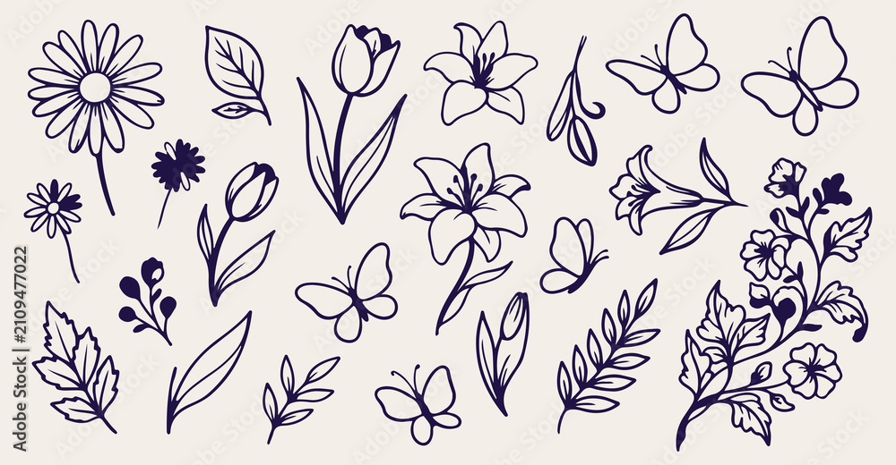 Obraz premium Spring Tulip Lily Botanical, Hand Drawn Flower Butterfly Line Art, Floral Garden Seamless Pattern, Vintage Nature Sketch Wallpaper, Wildflower Blossom Doodle Background, Elegant Botanical Flower Print