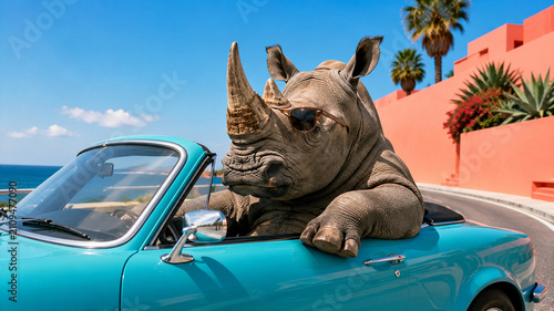 Rhinoceros driving turquoise convertible car as funny luxury road trip and travel concept