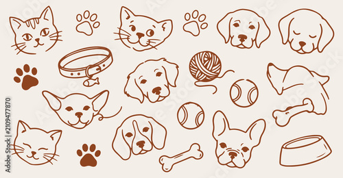 playful pets seamless pattern, hand drawn dog cat line art, pet toys collar vector illustration, canine feline doodle background, cute puppy kitten wallpaper, vintage pet supplies sketch print, contin