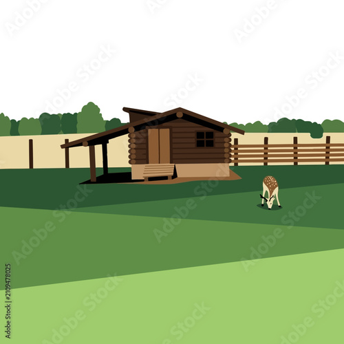 Foto Wooden log cabin house with a grazing goat on a green farm field vector illustra