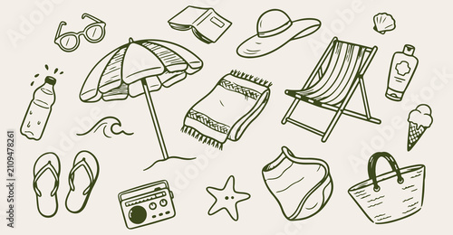Картината върху платно beach resort seamless pattern, hand drawn lounge chair umbrella line art, summer