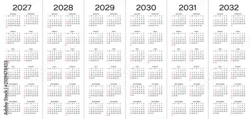 2027, 2028, 2029, 2030, 2031 2032 years calendar. Week starts Sunday. Simple calender grids.. Planner template with 12 months. Yearly diary layout. Organizer in English. Vector illustration