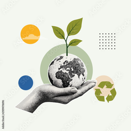 Modern sustainability collage with halftone hand holding Earth, growing plant, recycling symbol, sun and abstract geometric elements. Flat eco illustration for environmental awareness.