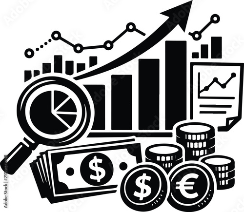 Analytics Growth Line Icon with Bar Chart and Pie Chart Outline Vector, Business Statistics and Data Analysis Symbol