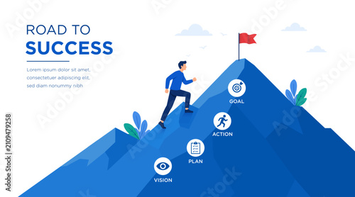 Road to success vector illustration with a businessman climbing a mountain through vision, plan, action, and goal. Modern flat business concept for banner, presentation, career growth, leadership