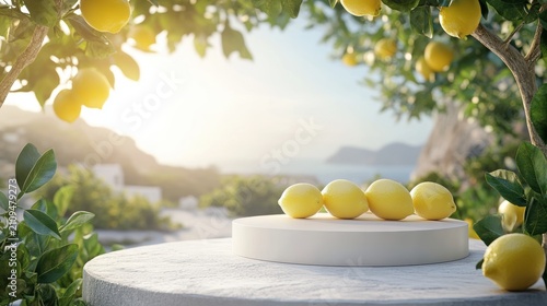 3D white cylindrical podium with lemon tree,theme product display background,summer sale season,exhibition gallery display,vector podiums,Banner,Product presentation realistic podium,platform.
