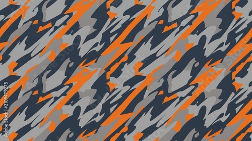 Abstract geometric camouflage pattern, modern graphic style, Concrete Gray, Dark Slate, Burnt Orange tones, textile concept