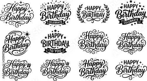 Happy Birthday Calligraphy Typography Label Collection with Elegant Ribbon Banners Decorative Laurel Wreaths Swirls and Confetti Stars for Anniversary Greeting Card Designs