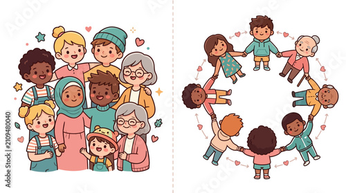 Diverse Multi-generational People Holding Hands and Hugging in Cute Vector Illustration