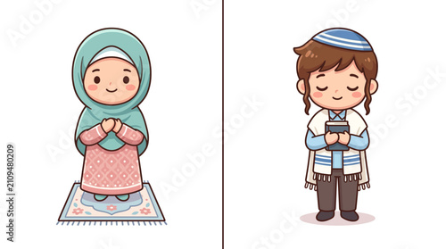 Religious diversity illustration of cute children praying in kawaii style