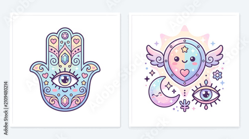 Pastel colored cute mystical symbols and hand vector illustration set