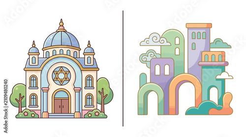 Vector illustration of a traditional religious temple and abstract pastel city architecture