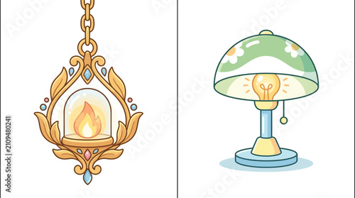 Vintage hanging lantern and cute floral table lamp vector set