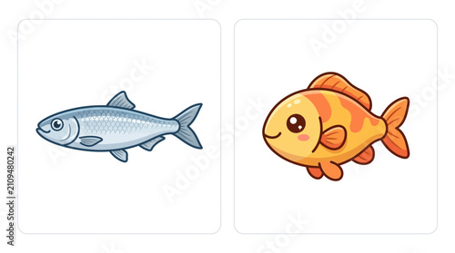 Set of cute orange cartoon fish and realistic silver fish illustrations