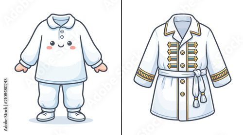 Cute White Pajama Set and Decorative Formal Uniform Vector Illustration