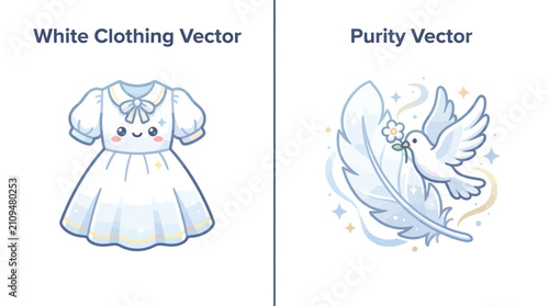 Cute white dress and purity dove with feather vector illustration set