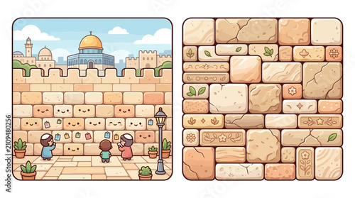 Cute Cartoon Illustration of Children at Ancient Historical Stone Wall