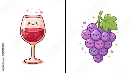 Kawaii Red Wine Glass and Purple Grapes Cartoon Characters