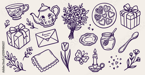 cozy tea time seamless pattern, floral teapot bouquet background, love letter butterfly vector, cookie jar tulip doodle, tea party linear illustration, afternoon tea line art, romantic tea repeating p