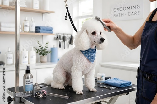 White poodle being groomed at pet salon