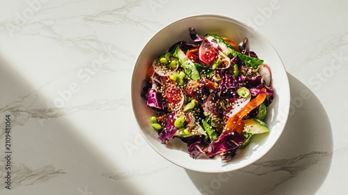 A clean product-style miso crunch salad arrangement styled minimally on a white marble surface with refined shadows and premium healthy food styling