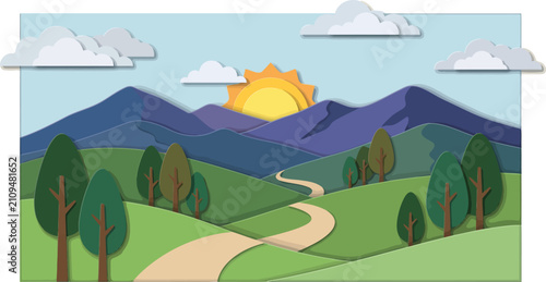 Obraz na płótnie Paper Cut Landscape with Rolling Hills and Layered Nature Background