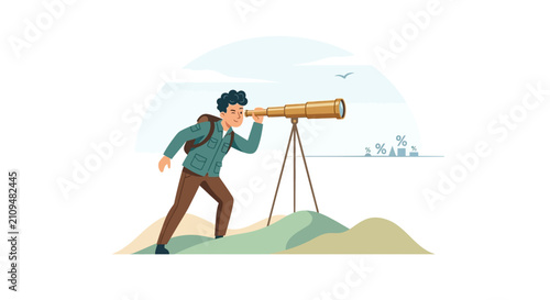Visionary investor looking through a telescope at market percentage symbols to find business opportunities flat vector illustration.