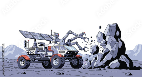 Futuristic lunar mining rover using its mechanical robotic arms to crush and collect minerals from a large space rock.